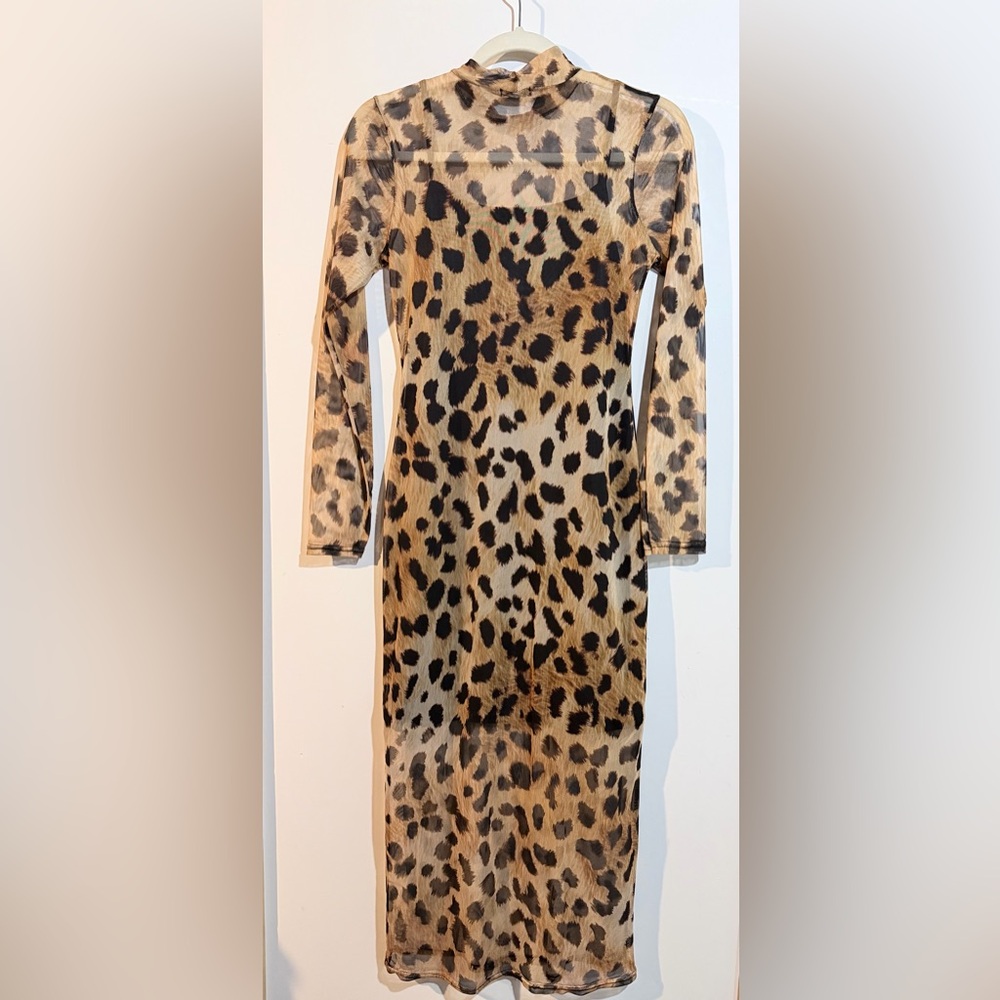 Leopard Print Long Sleeve Mesh Dress - Picture 2 of 3